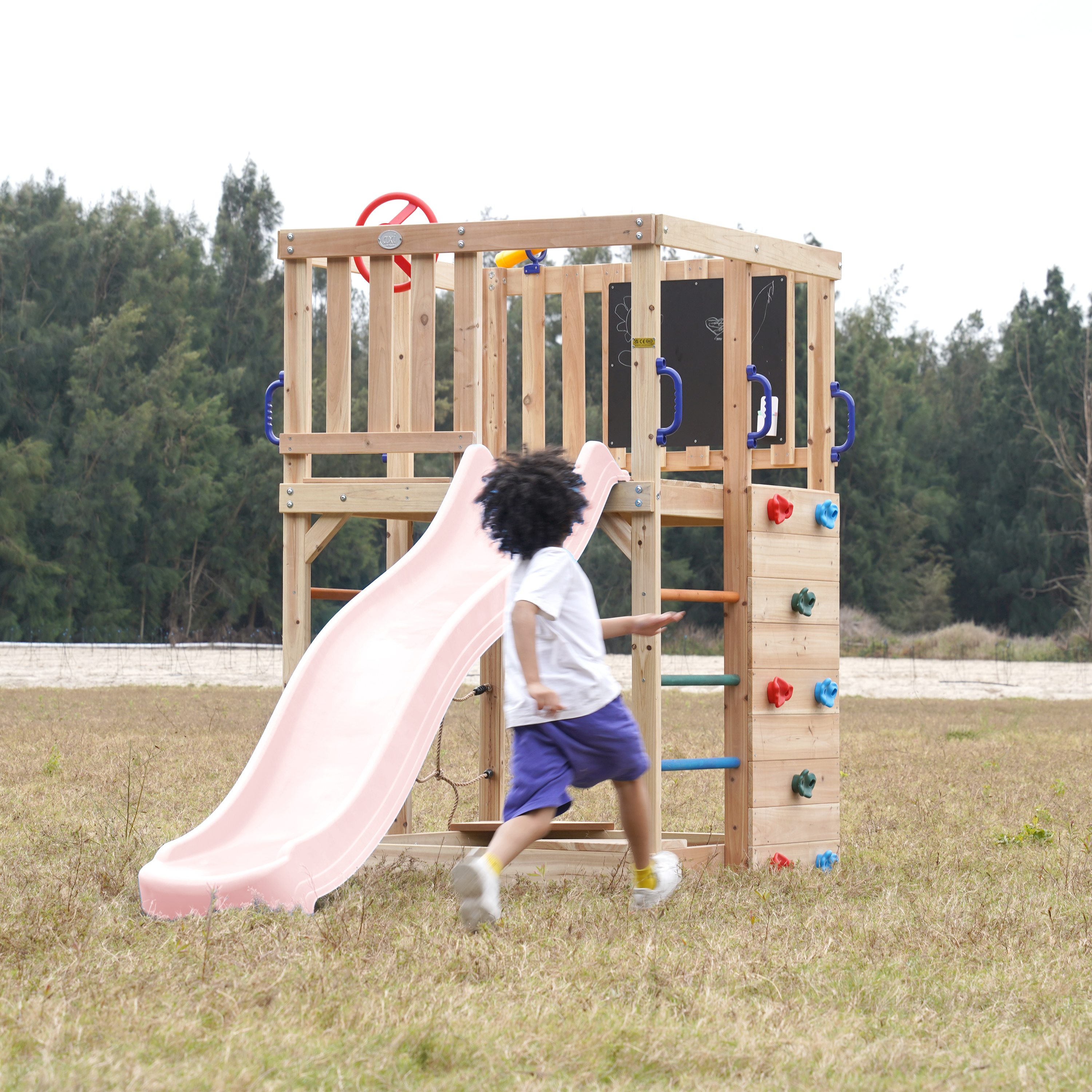 AXI Sam Climbing Frame with Climbing Wall. Climbing Net and Monkey Bars – Pastel Pink Slide