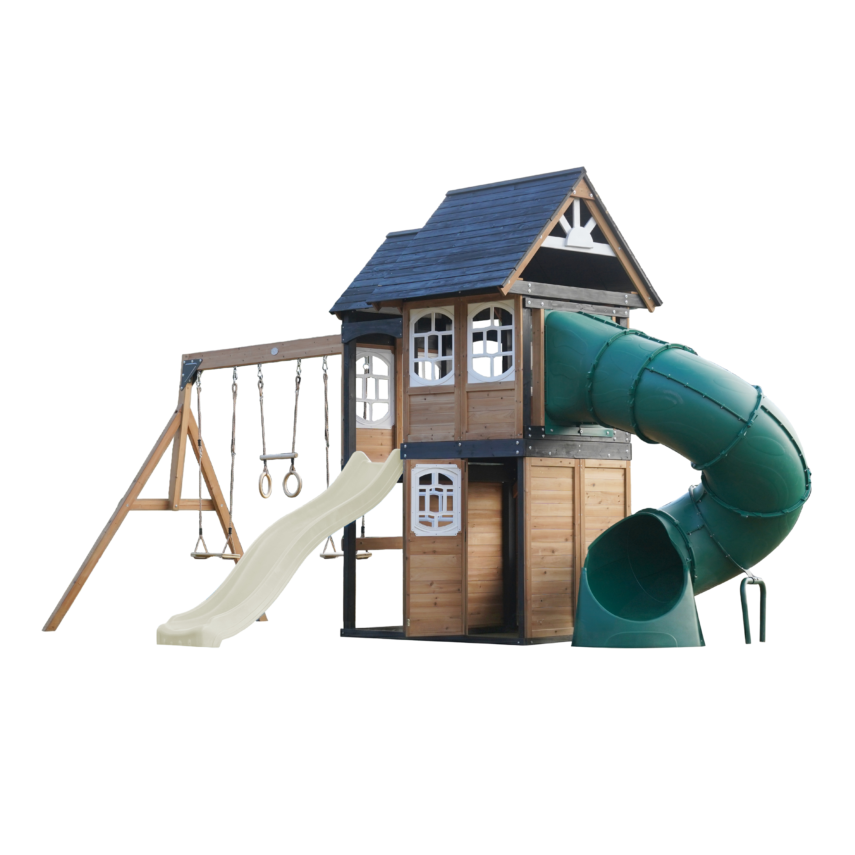 AXI Noud Climbing Frame with Playhouse. Swings. Trapeze and Climbing Wall – Cream Slide and Tube Slide