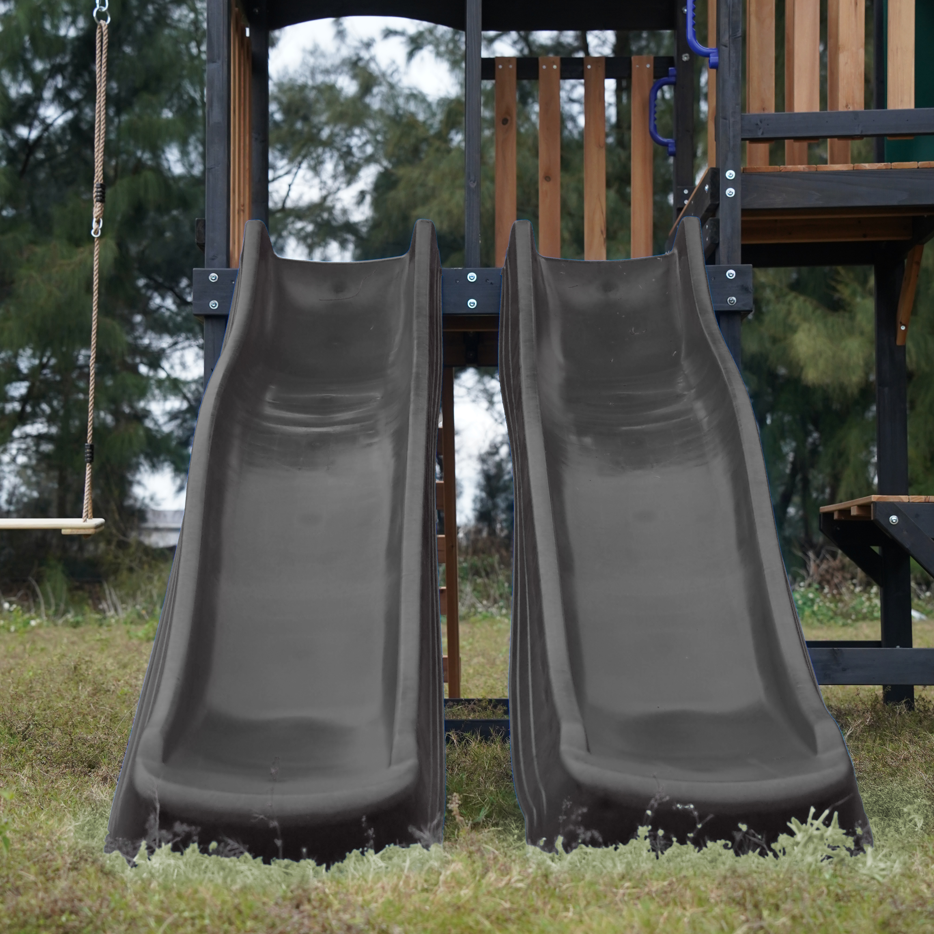 AXI Cody Climbing Frame with Swings. Trapeze and Climbing Wall – Grey Double Slide and Tube Slide