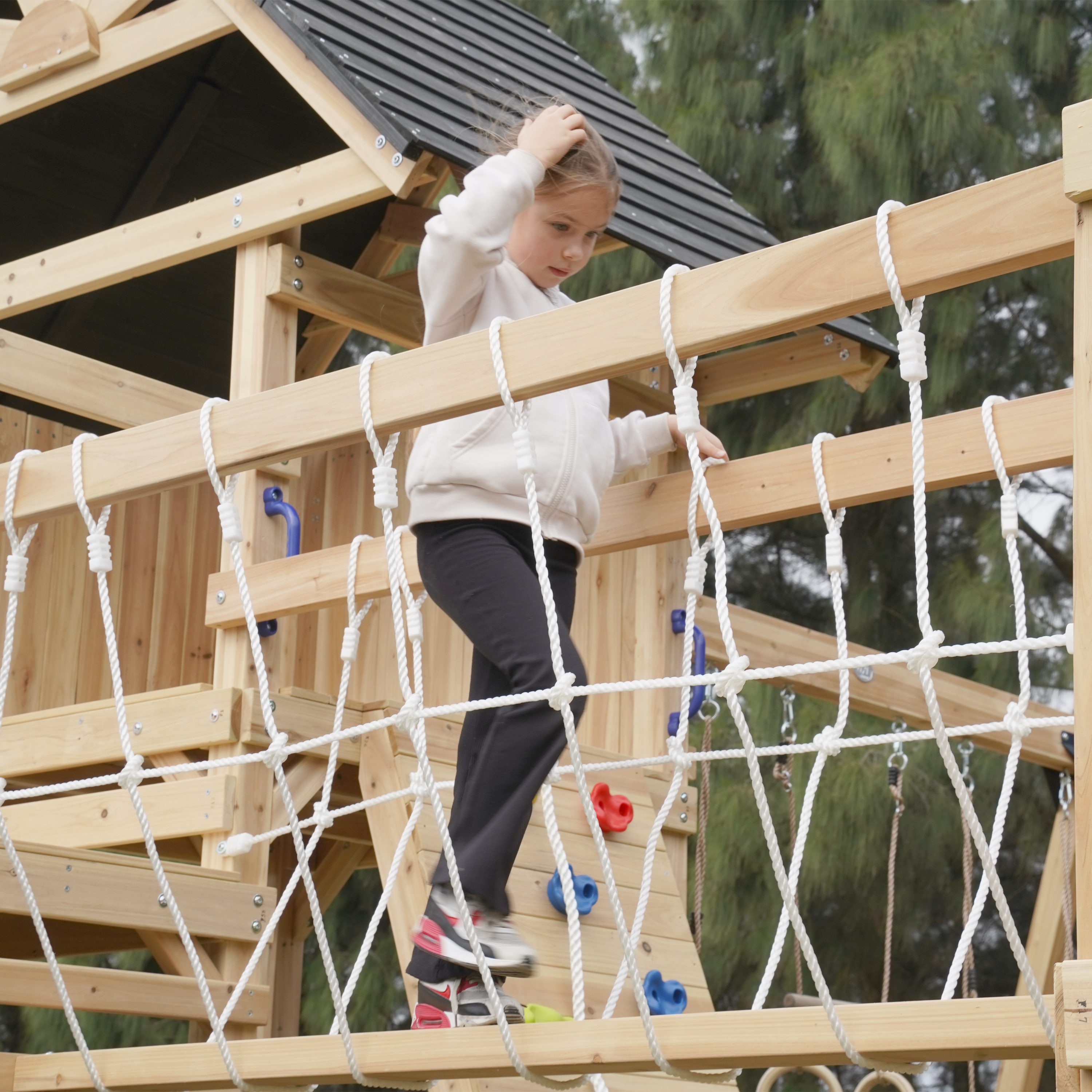 AXI Hunter Climbing Frame with Swings, Climbing Frame, Climbing Bridge and Multiple Platforms – Pastel Blue Double Slide