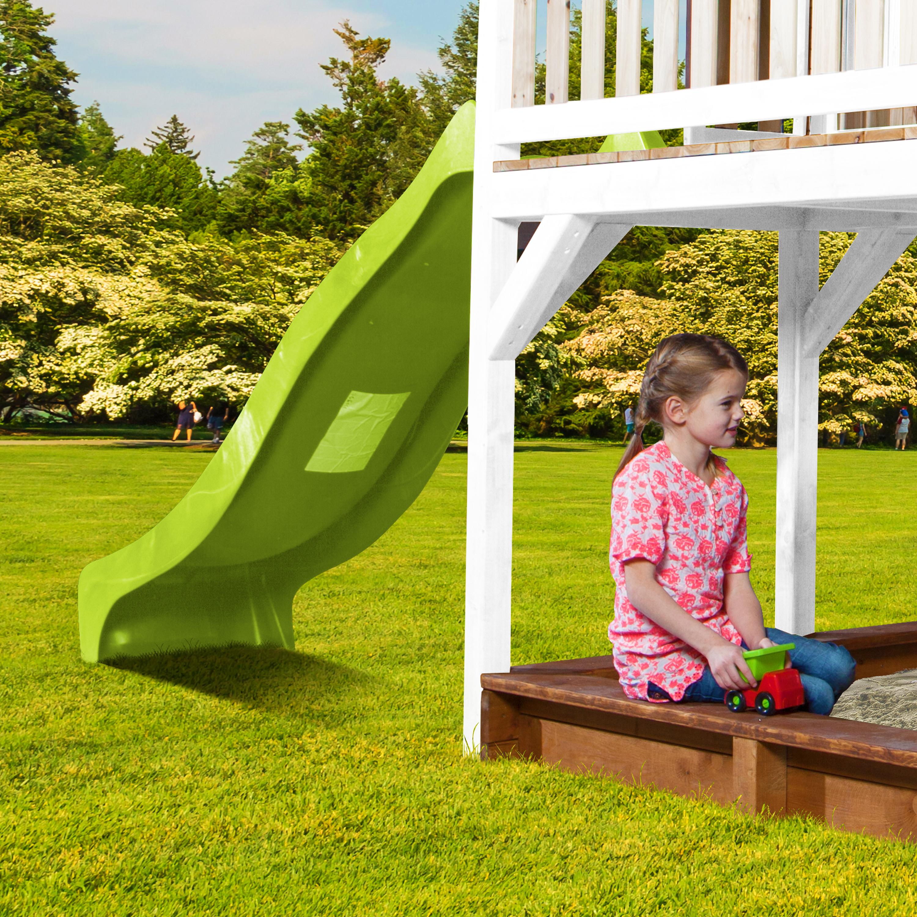 AXI Liam Playhouse with Single Swing Set Brown/White - Lime Green Slide