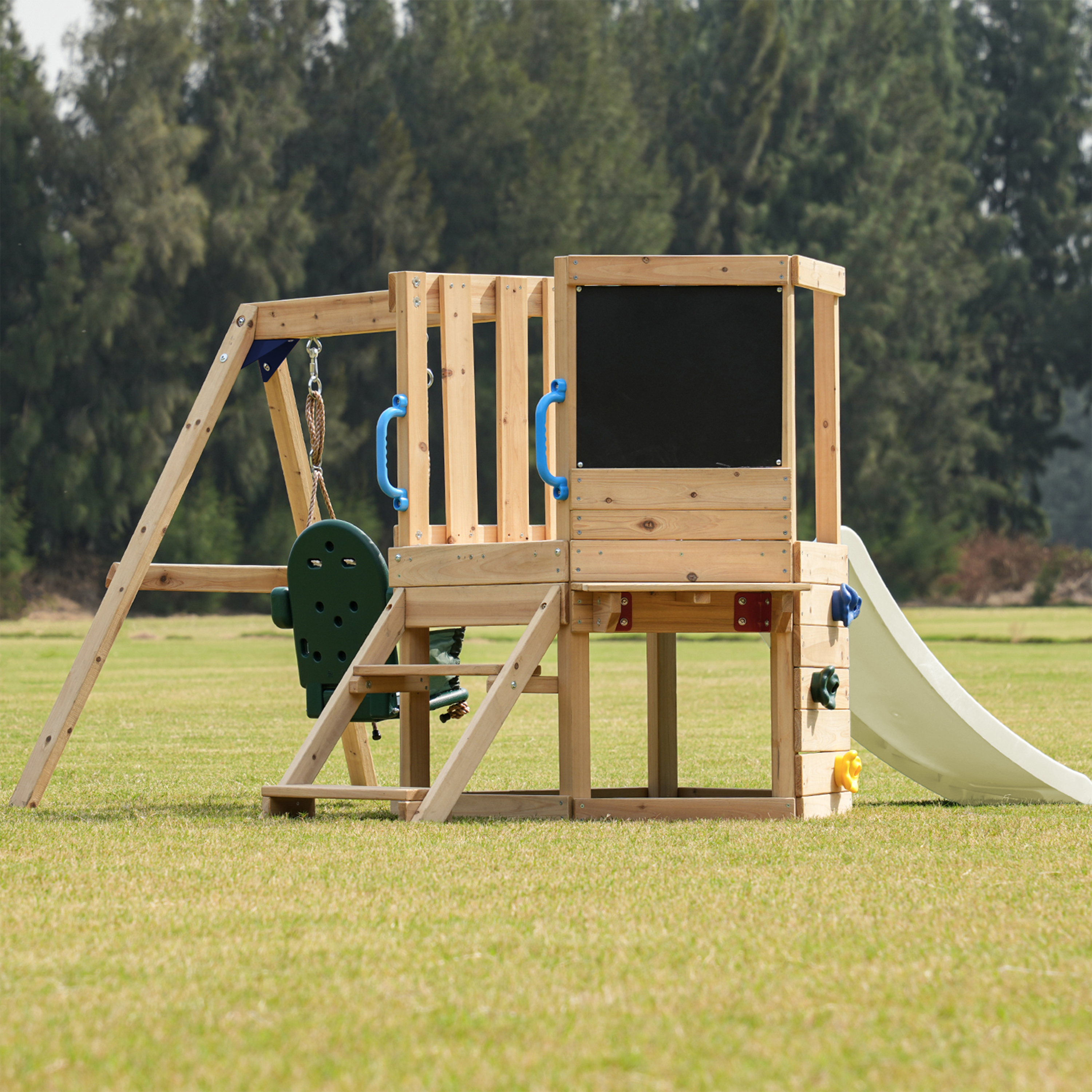AXI Timo Mini Climbing Frame with Baby Swing. Climbing Wall and Chalkboard – Cream Slide