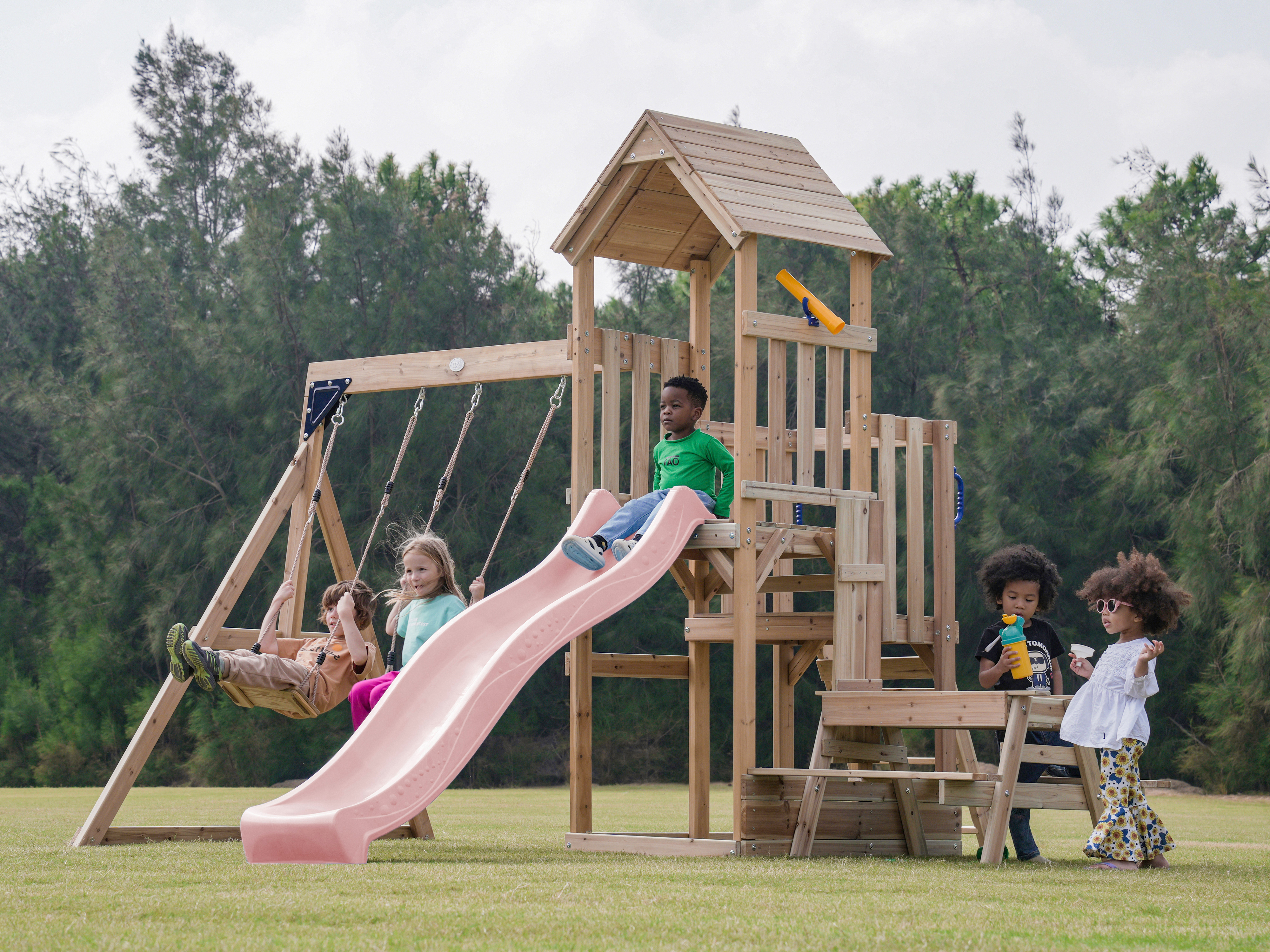 AXI Mette Climbing Frame with Double Swing Set and Picnic Table - Pastel Pink Slide