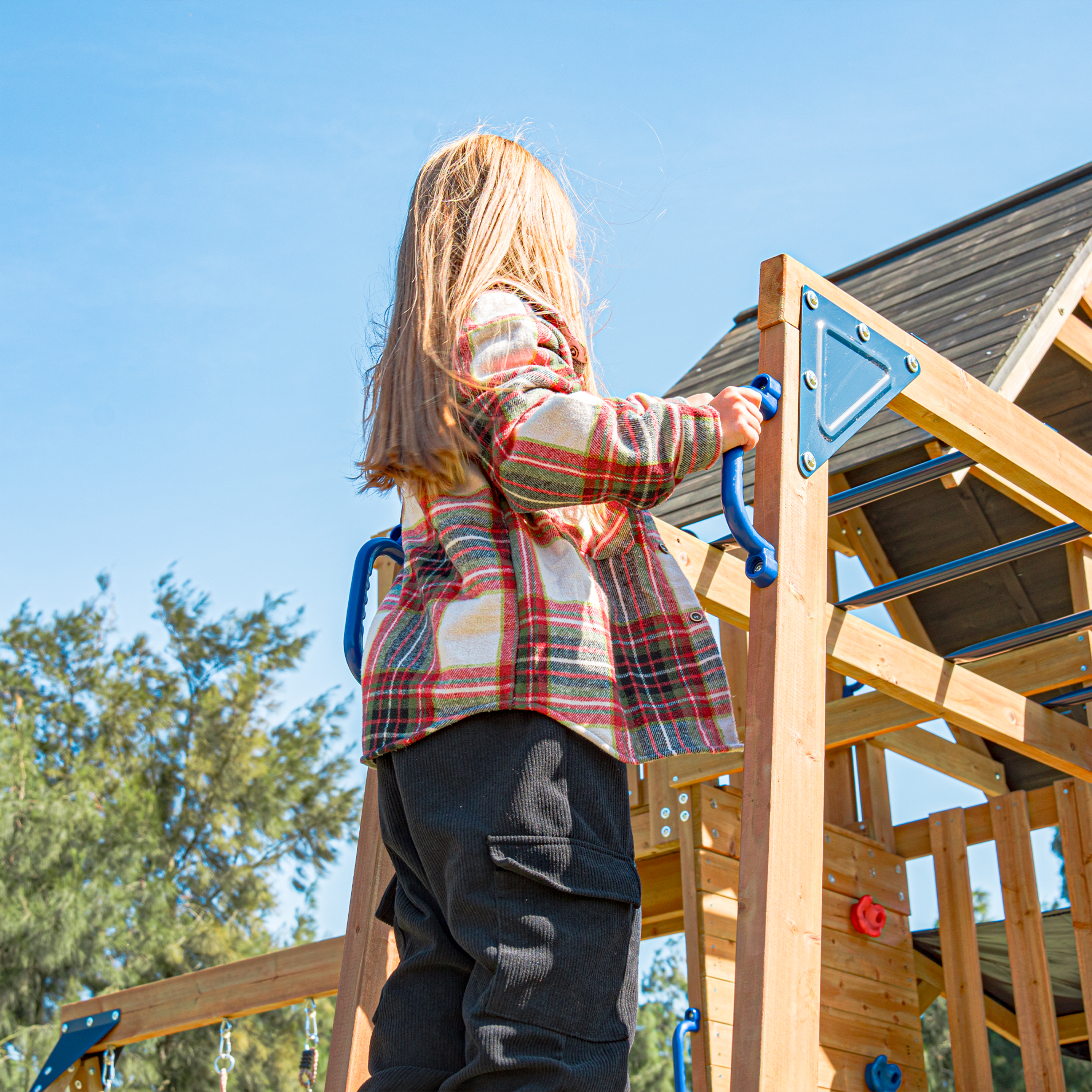 AXI Mitch Climbing Frame with Double Swing. Trapeze and Lookout Tower – Pastel Blue Slide