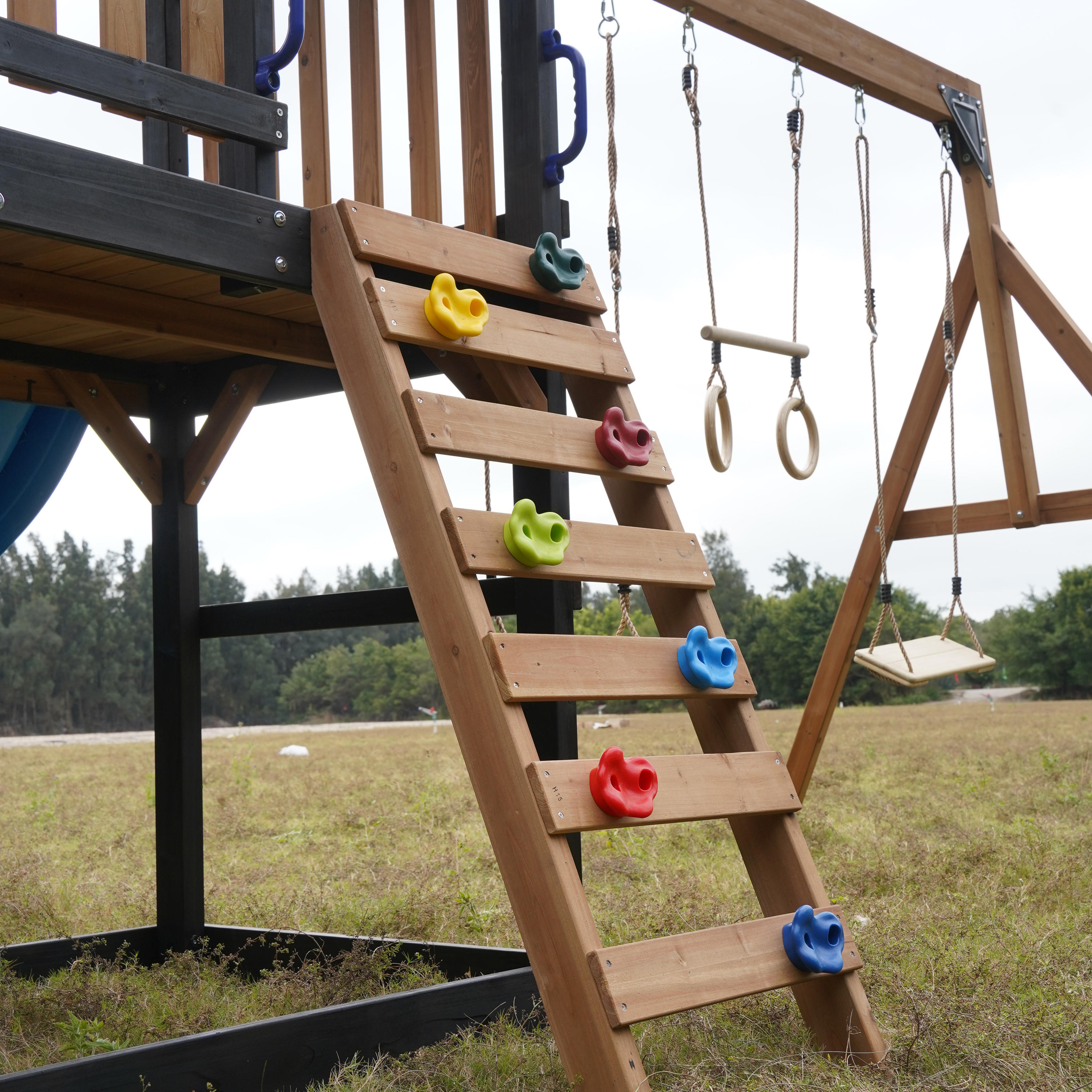 AXI Cody Climbing Frame with Swings, Trapeze and Climbing Wall – Pastel Green Double Slide and Tube Slide
