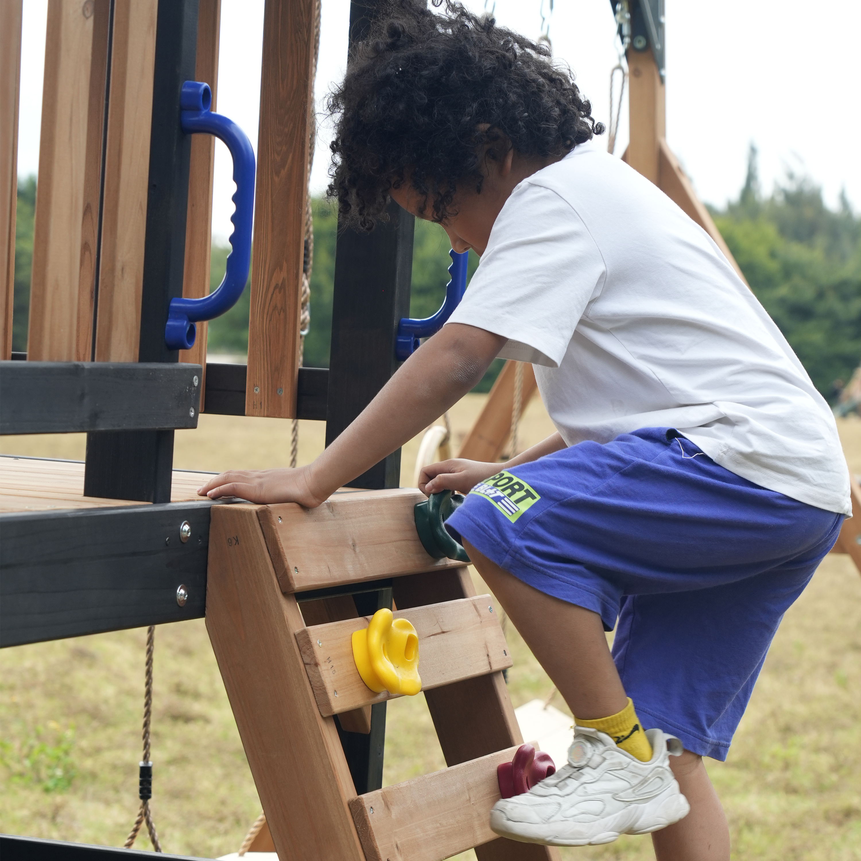 AXI Cody Climbing Frame with Swings. Trapeze and Climbing Wall – Blue Double Slide and Tube Slide