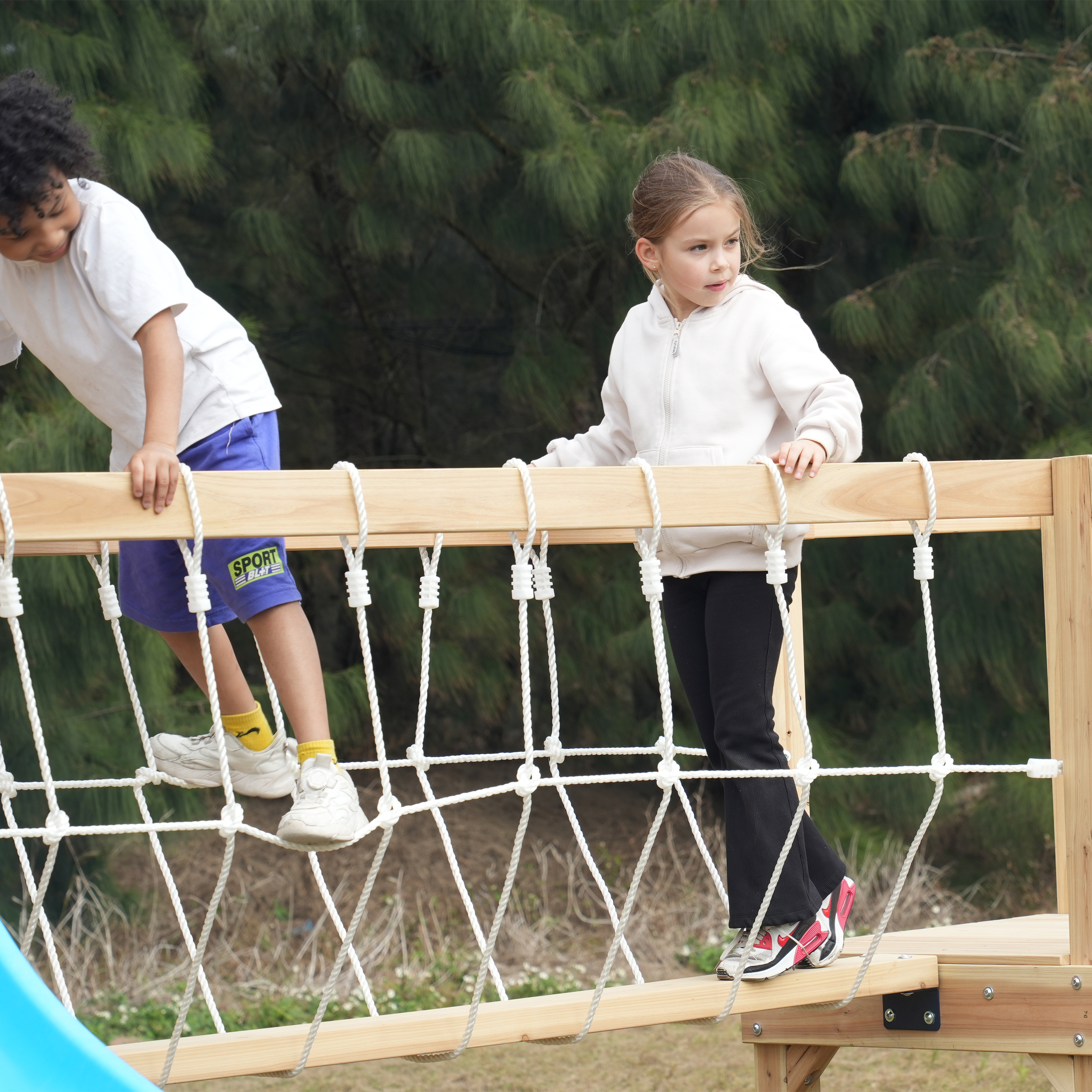 AXI Hunter Climbing Frame with Swings, Climbing Frame, Climbing Bridge and Multiple Platforms – Blue Double Slide