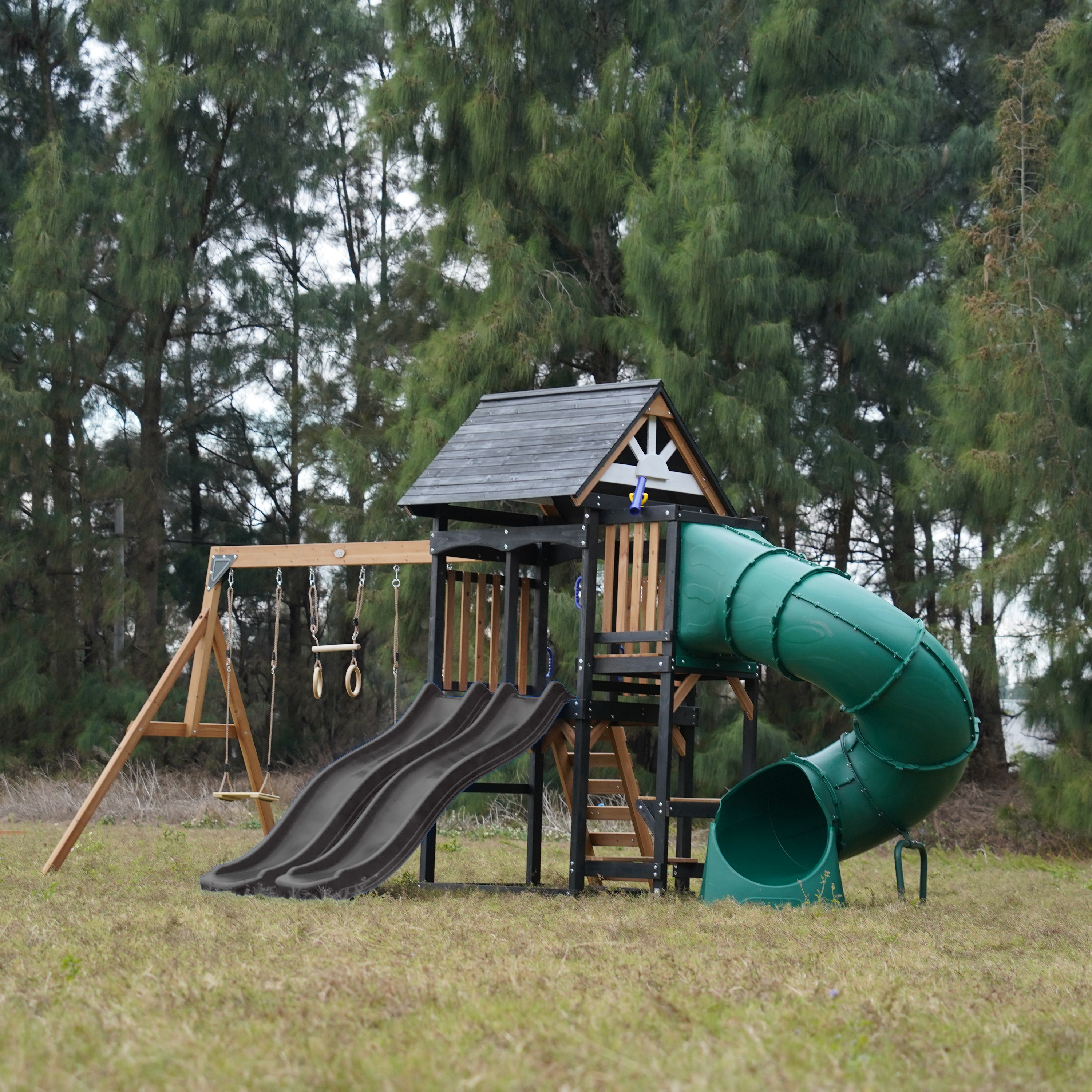 AXI Cody Climbing Frame with Swings. Trapeze and Climbing Wall – Grey Double Slide and Tube Slide