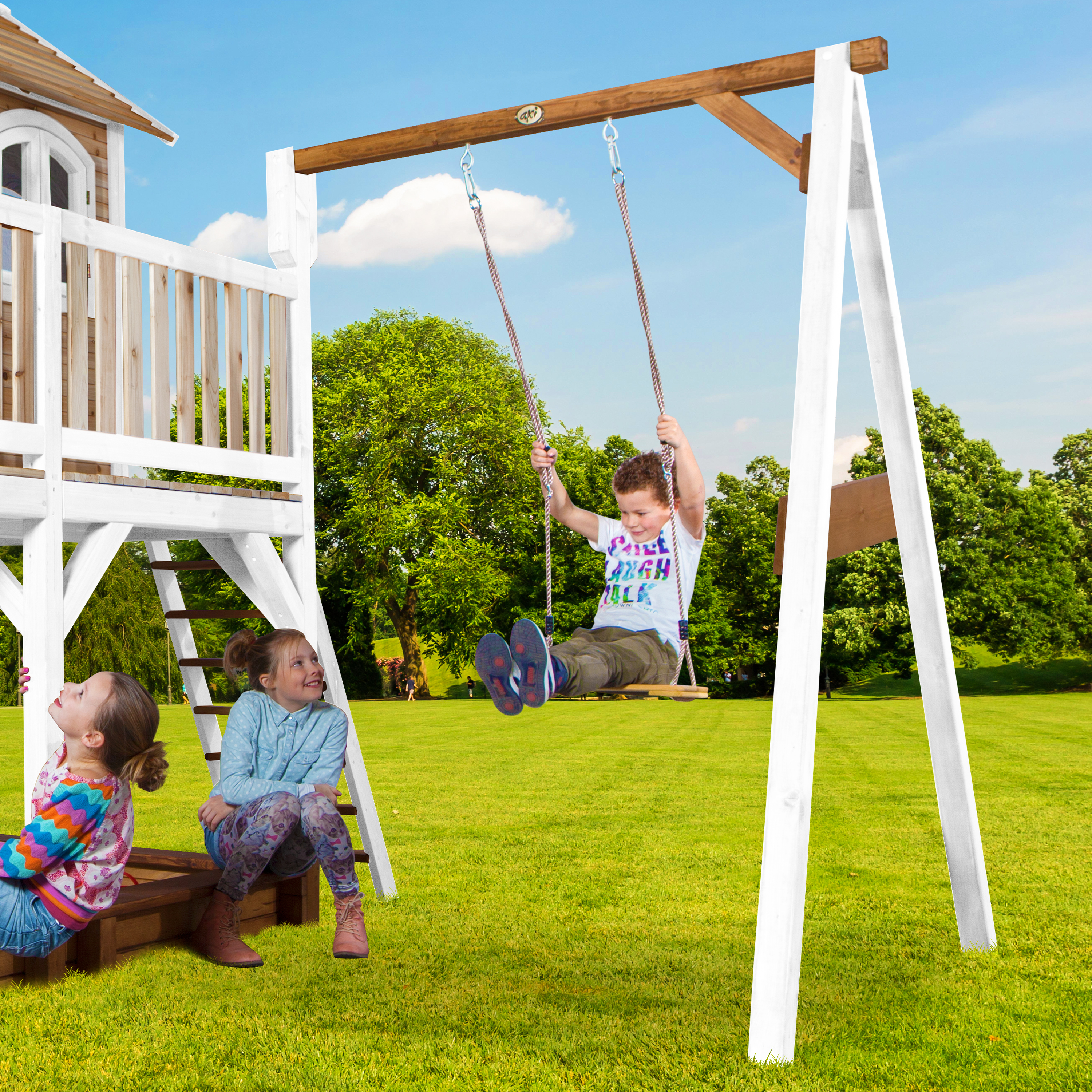 AXI Liam Playhouse with Single Swing Set Brown/White - Purple Slide