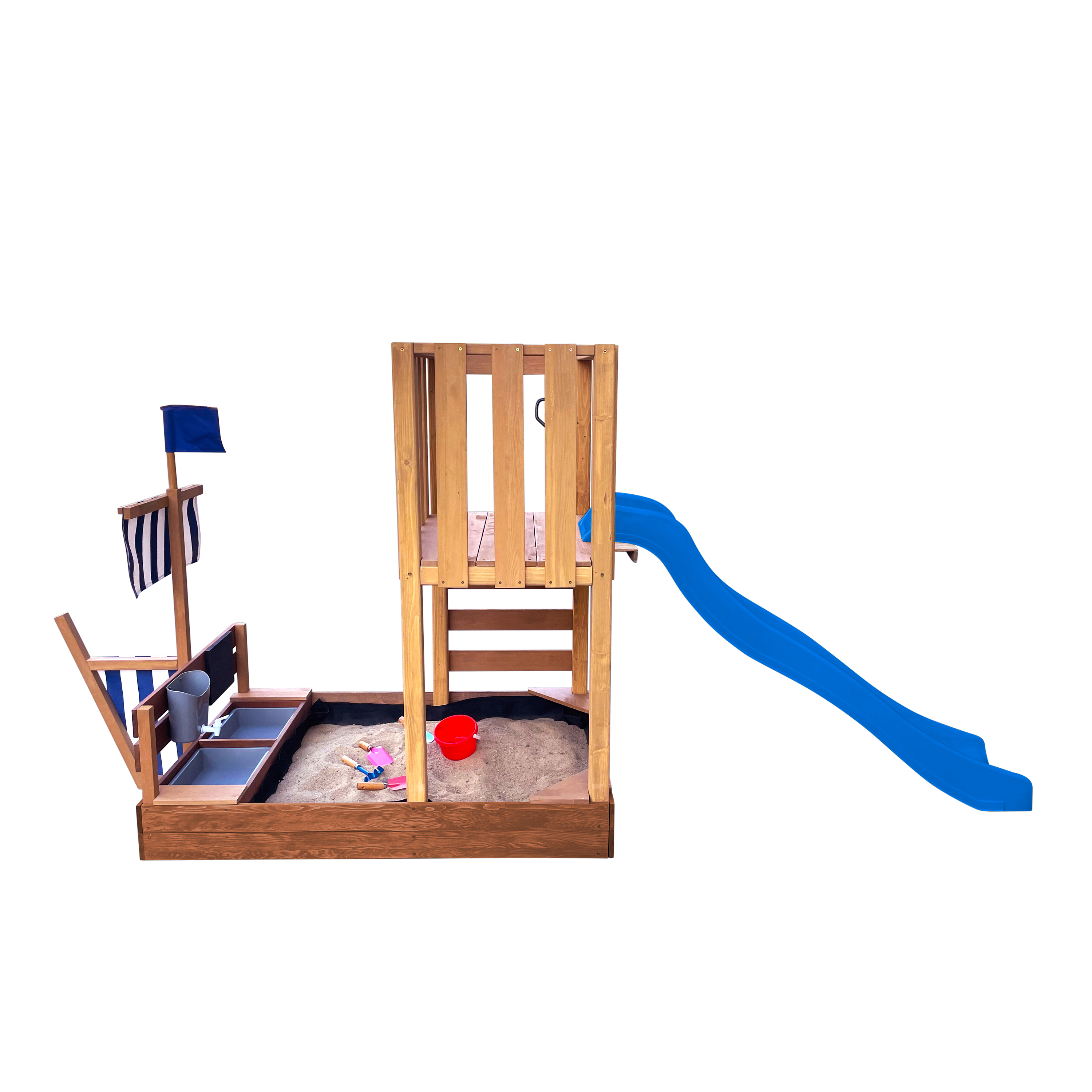 AXI Vicky Climbing Frame with Sandbox, Play Kitchen & Chalkboard – Blue Slide