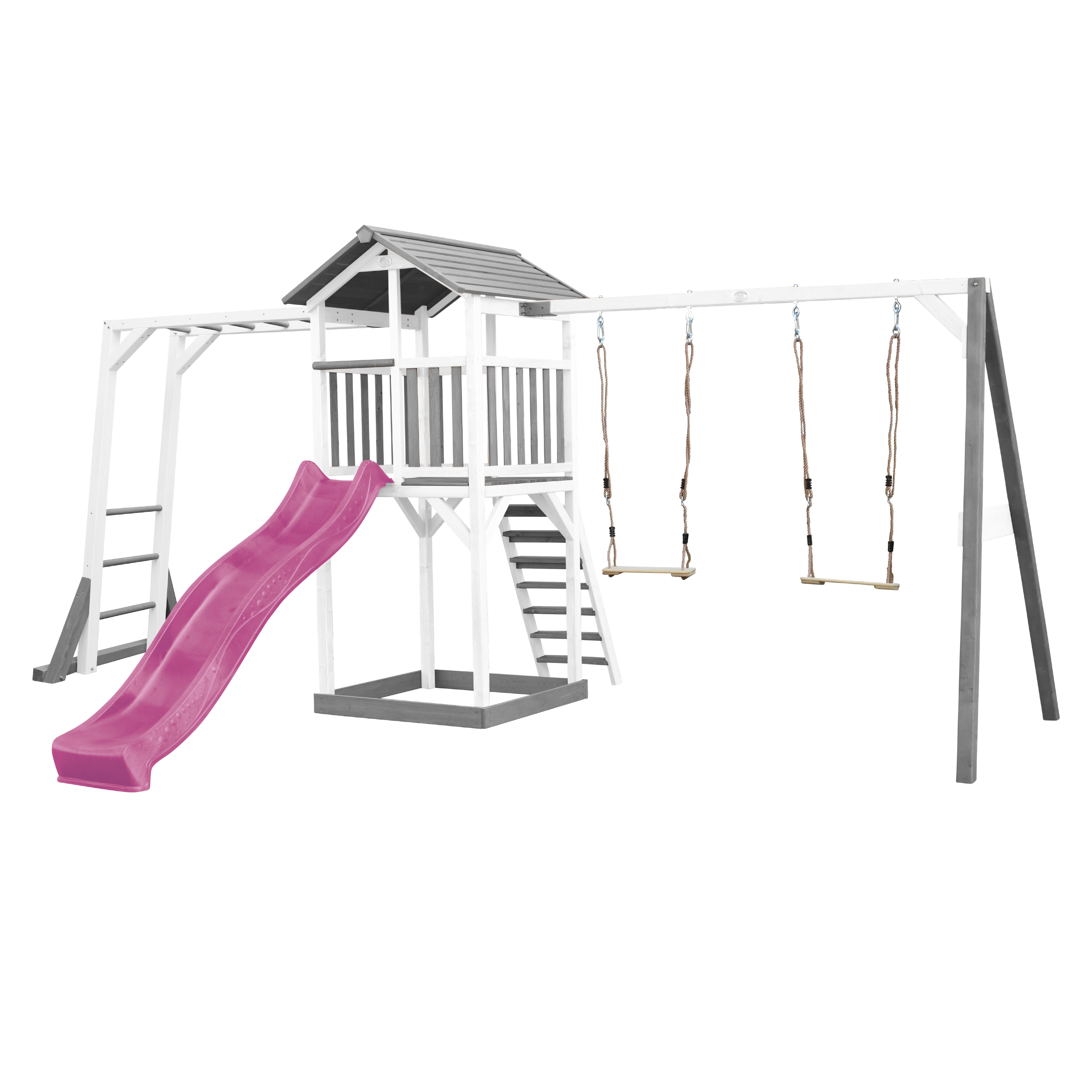 AXI Beach Tower with Climbing Frame and Double Swing Set Grey/White - Purple Slide