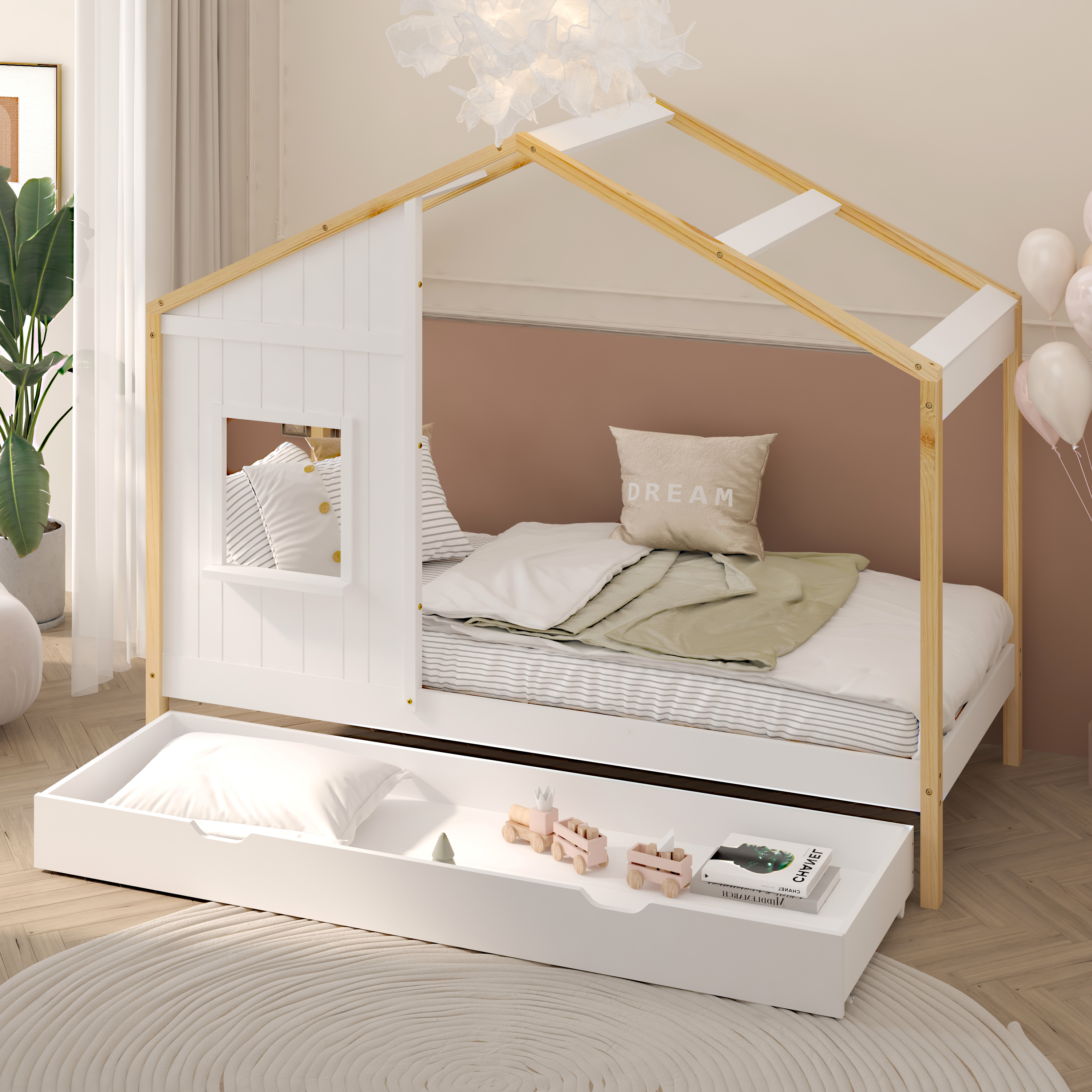 Sunny Beau House Bed with Storage Drawer Brown/White – With Mattress