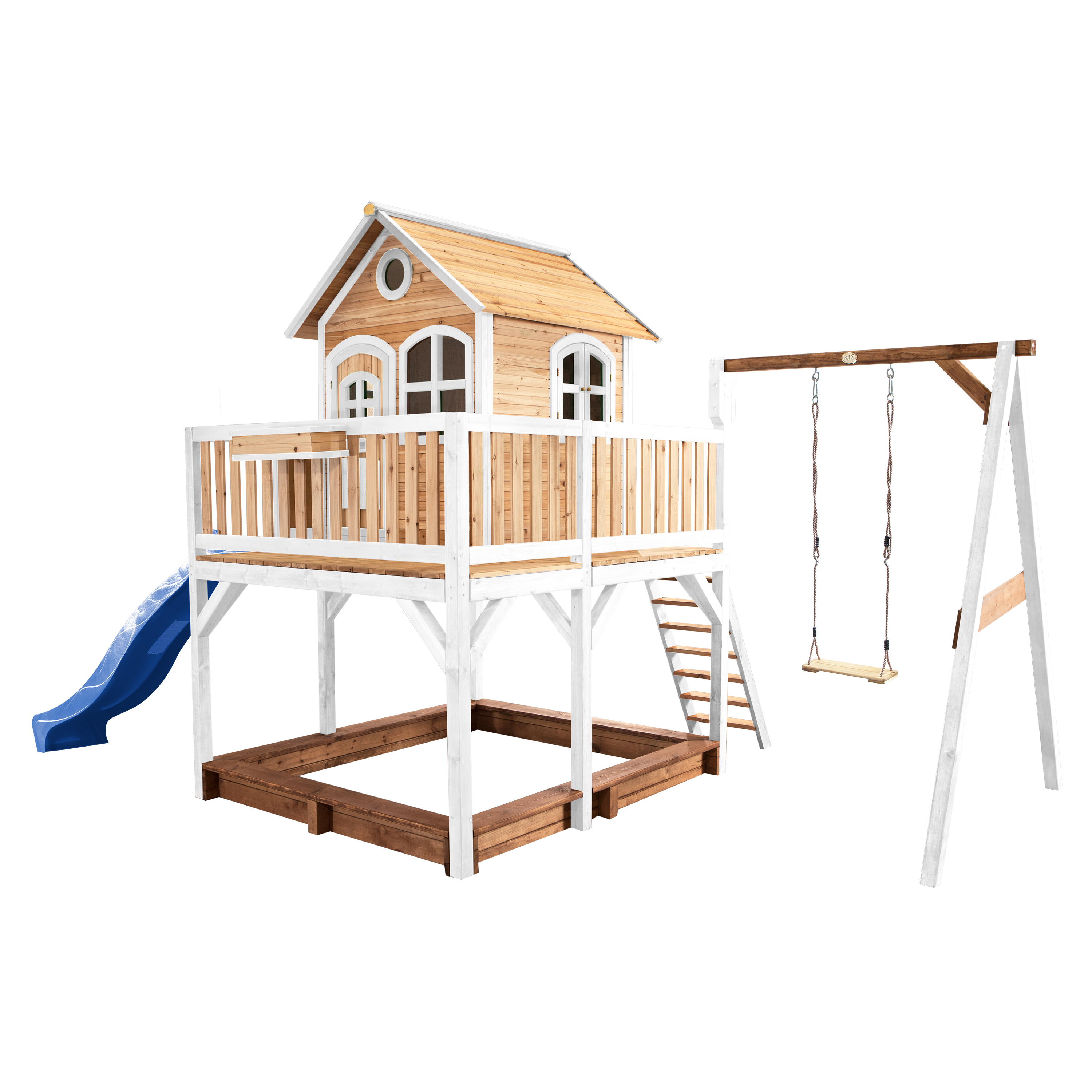AXI Liam Playhouse with Single Swing Set Brown/White - Blue Slide