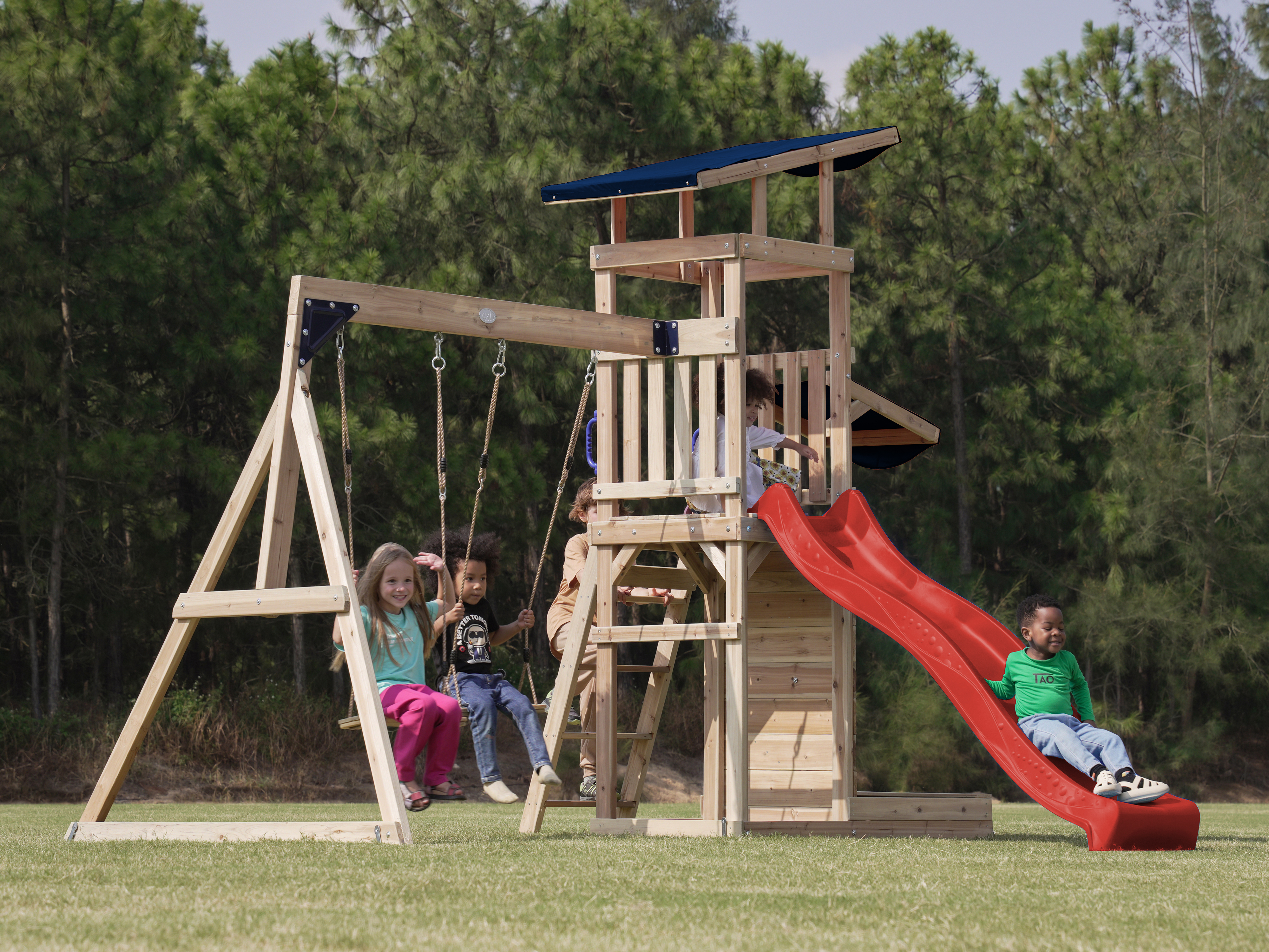 AXI Malik Climbing Frame with Double Swing Set - Red Slide