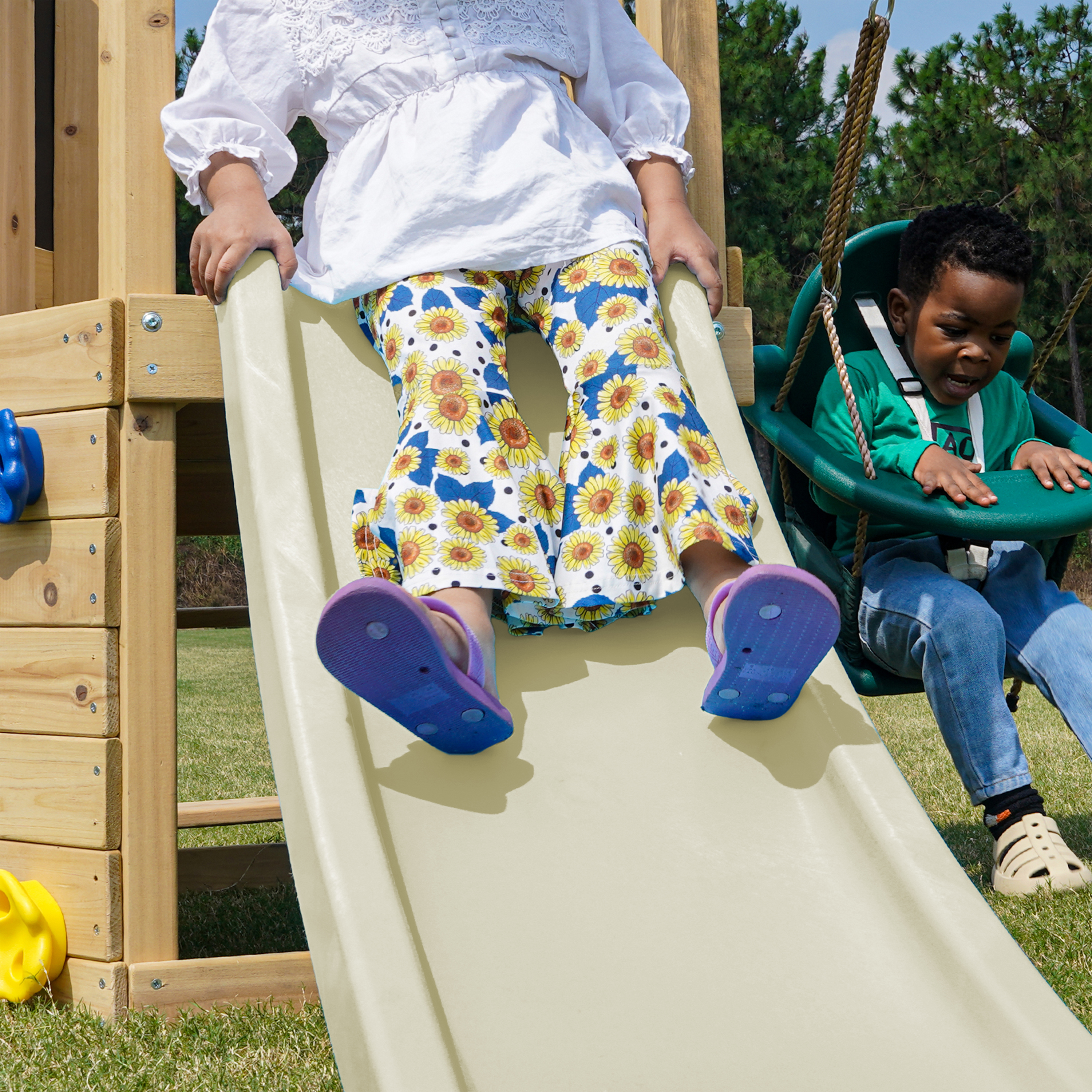 AXI Timo Mini Climbing Frame with Baby Swing. Climbing Wall and Chalkboard – Cream Slide