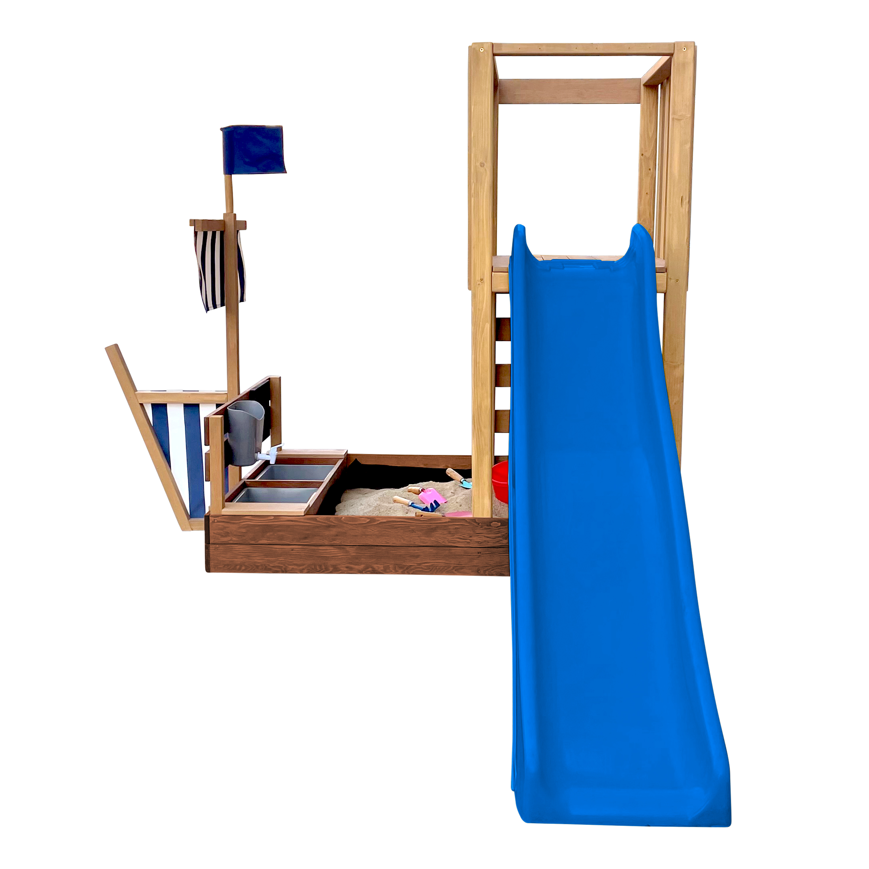 AXI Vicky Climbing Frame with Sandbox, Play Kitchen & Chalkboard – Blue Slide