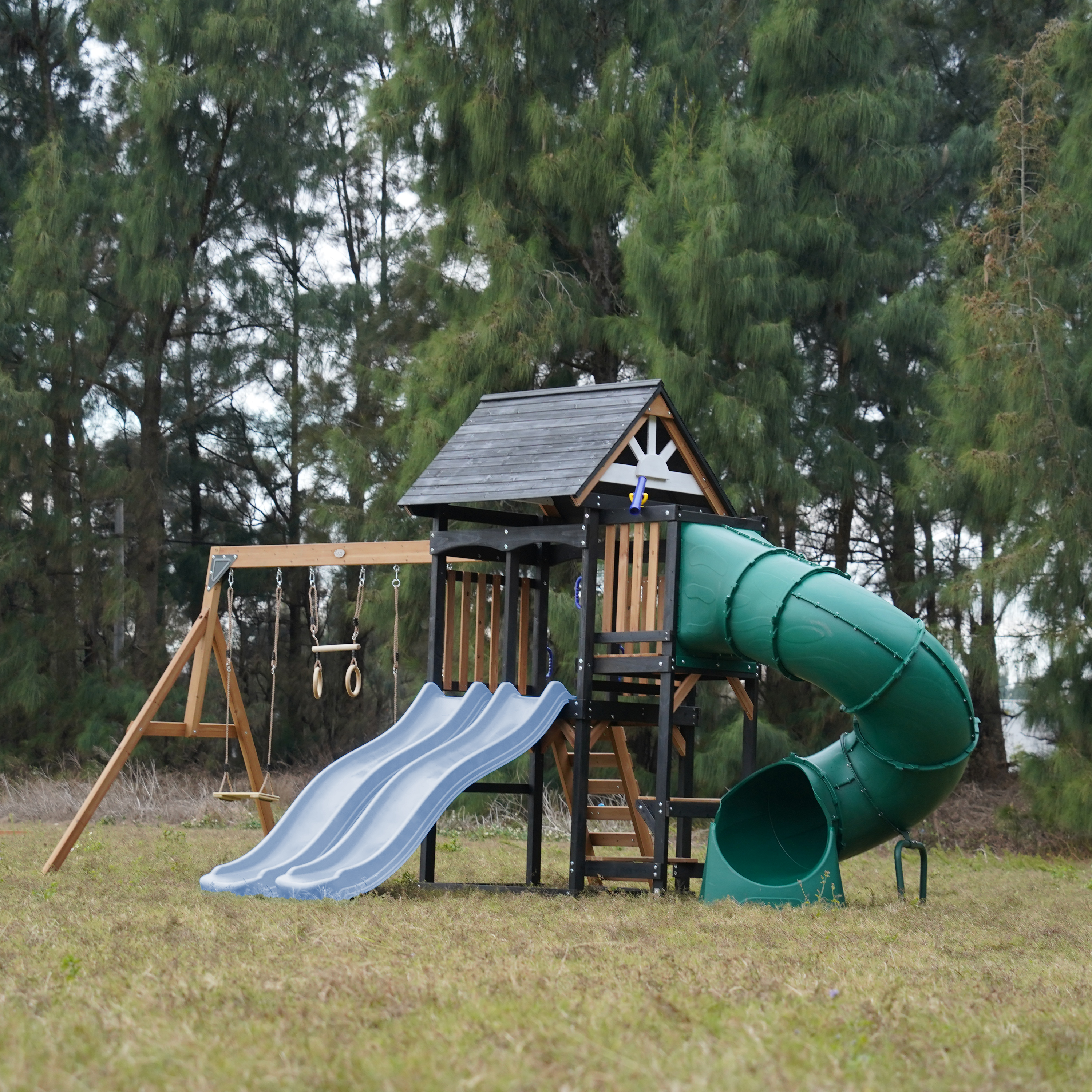 AXI Cody Climbing Frame with Swings. Trapeze and Climbing Wall – Pastel Blue Double Slide and Tube Slide