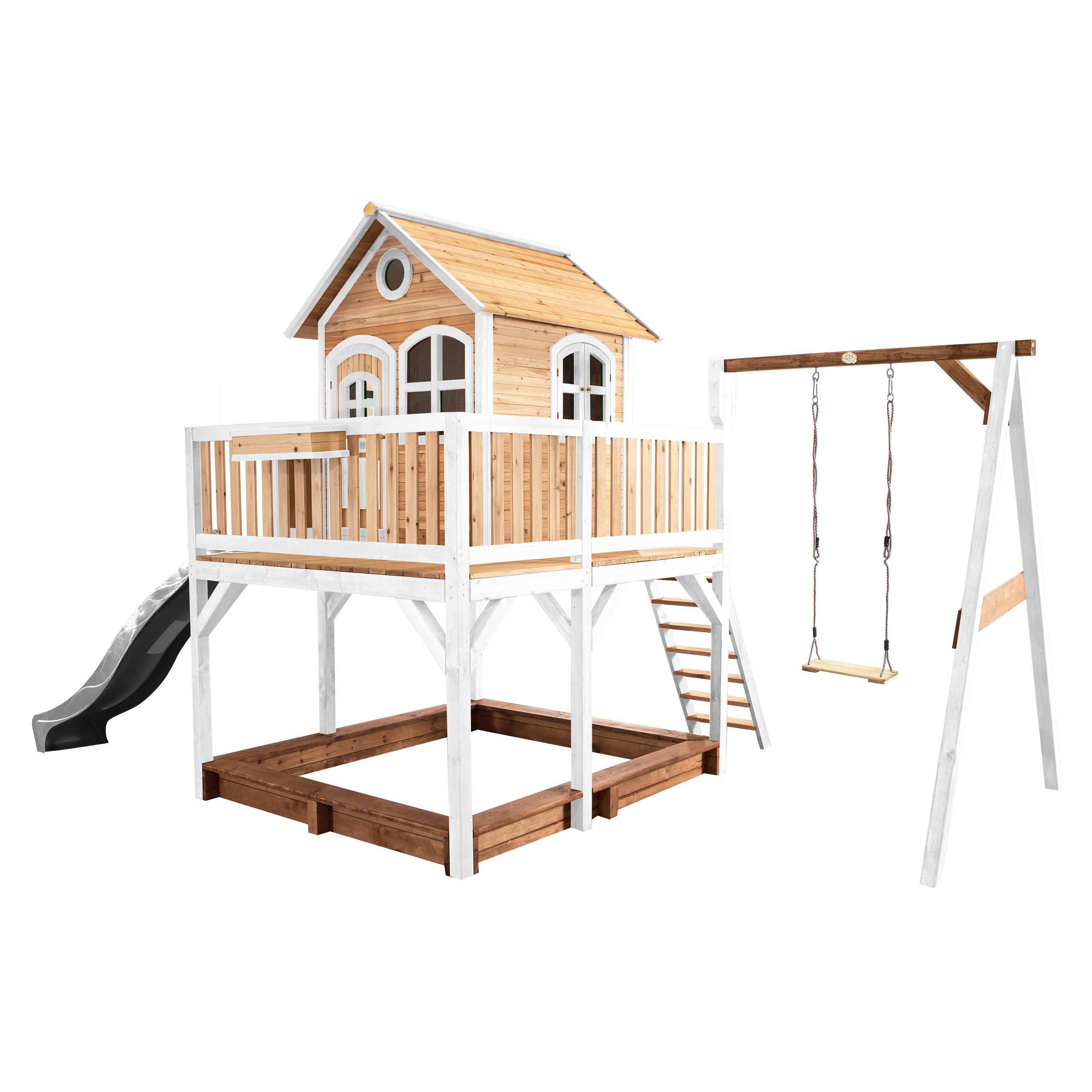 AXI Liam Playhouse with Single Swing Set Brown/White - Grey Slide