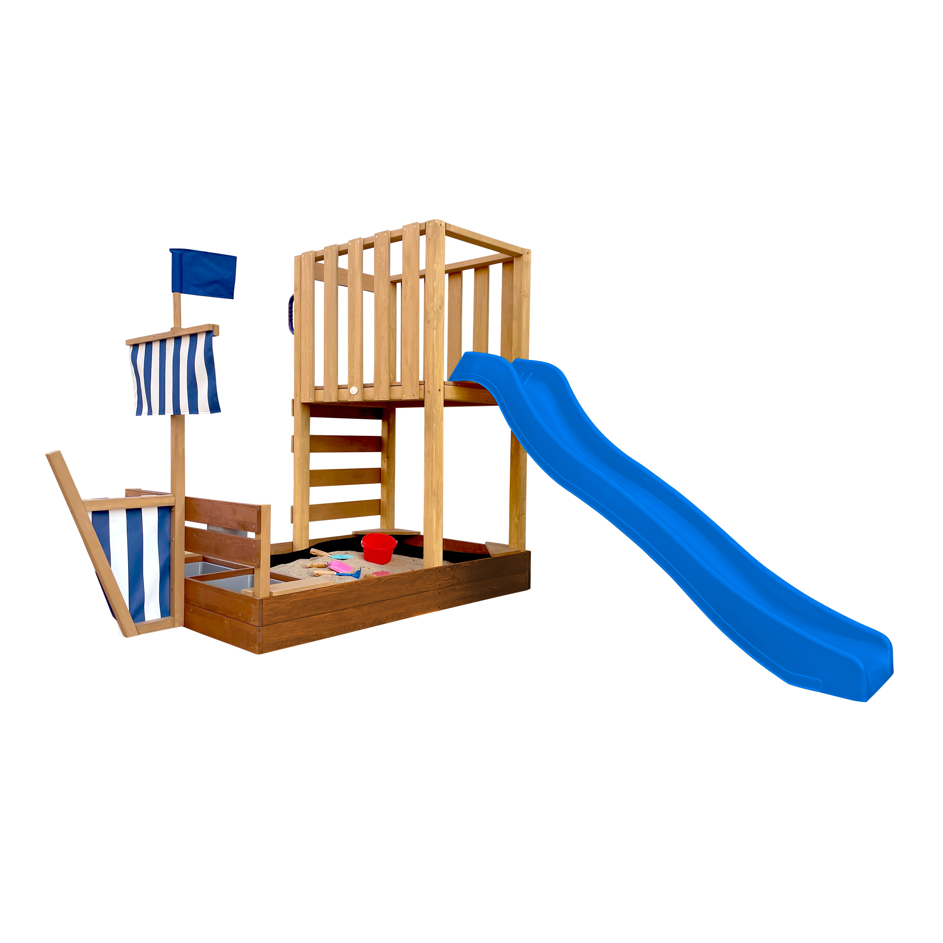 AXI Vicky Climbing Frame with Sandbox, Play Kitchen & Chalkboard – Blue Slide