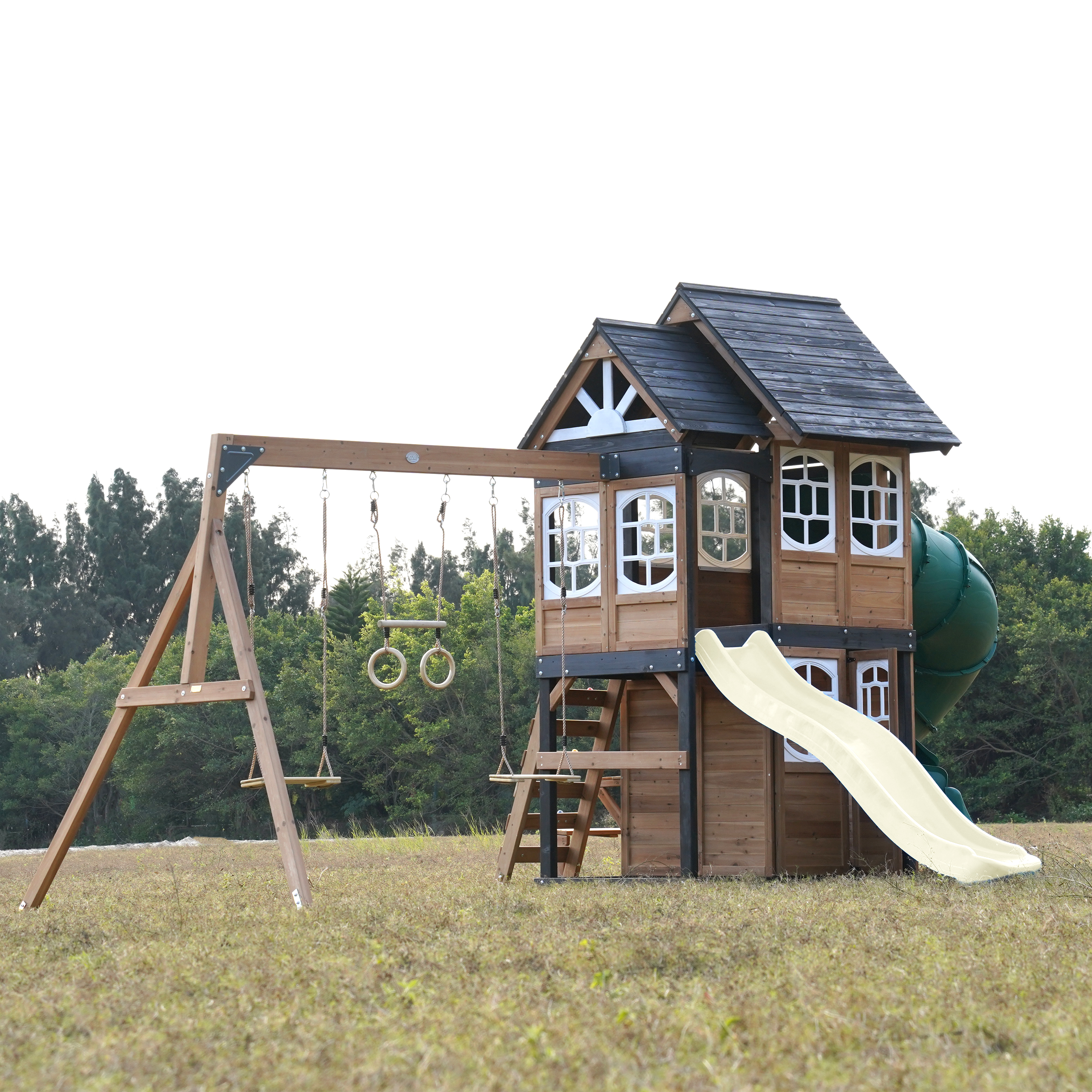 AXI Noud Climbing Frame with Playhouse. Swings. Trapeze and Climbing Wall – Cream Slide and Tube Slide