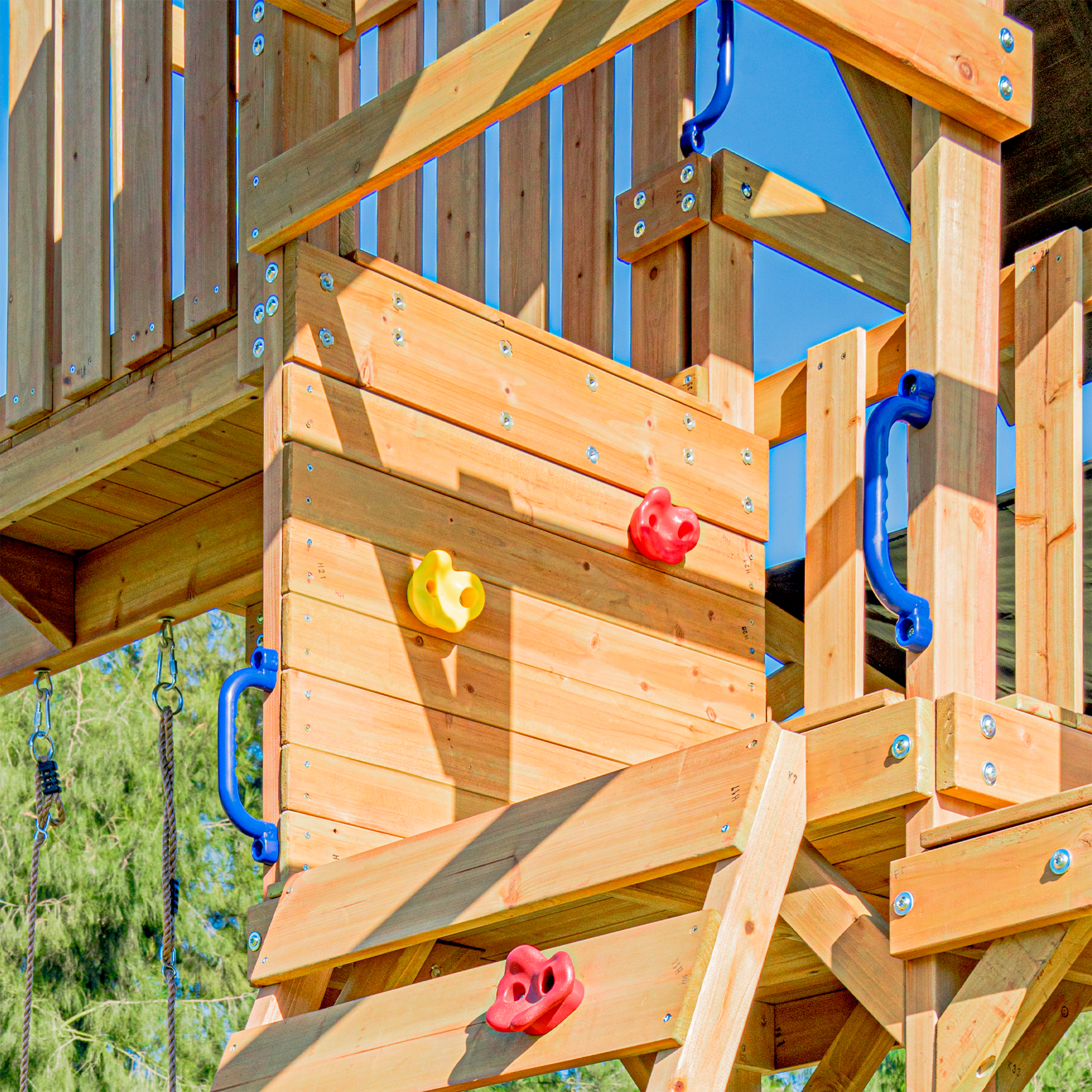 AXI Mitch Climbing Frame with Double Swing. Trapeze and Lookout Tower – Pastel Blue Slide