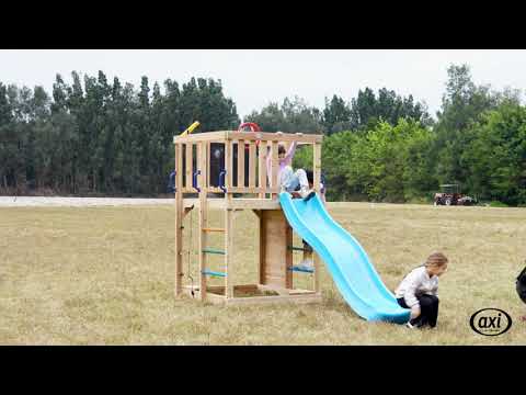 AXI Sam Estructura de escalada con pared de escalada, red de escalada y barra de escalada – Tobogán azul