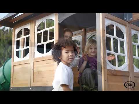 AXI Noud Estructura de juegos con casita, columpios, trapecio y rocódromo – Tobogán verde pastel y tobogán tubular