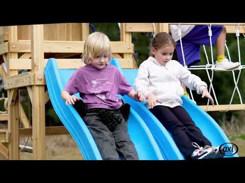AXI Hunter Parques infantiles para jardín con columpios, escalera de trepa, puente de escalada y varias plataformas – Tobogán doble azul pastel ondulado